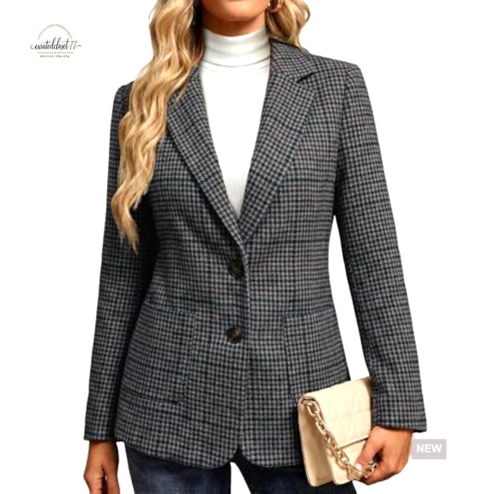Slim Fit Tweed Blazer Houndstooth Plaid Lined Work Casual Office Jacket - Picture 5 of 7